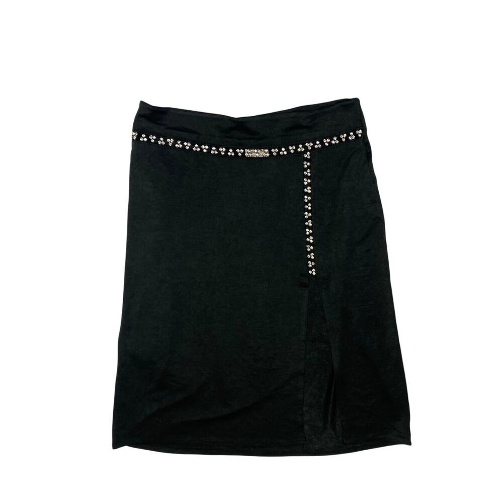 Ema Savahl Black Stretchy Midi Skirt w Rhinestone Detailing and Side Slit